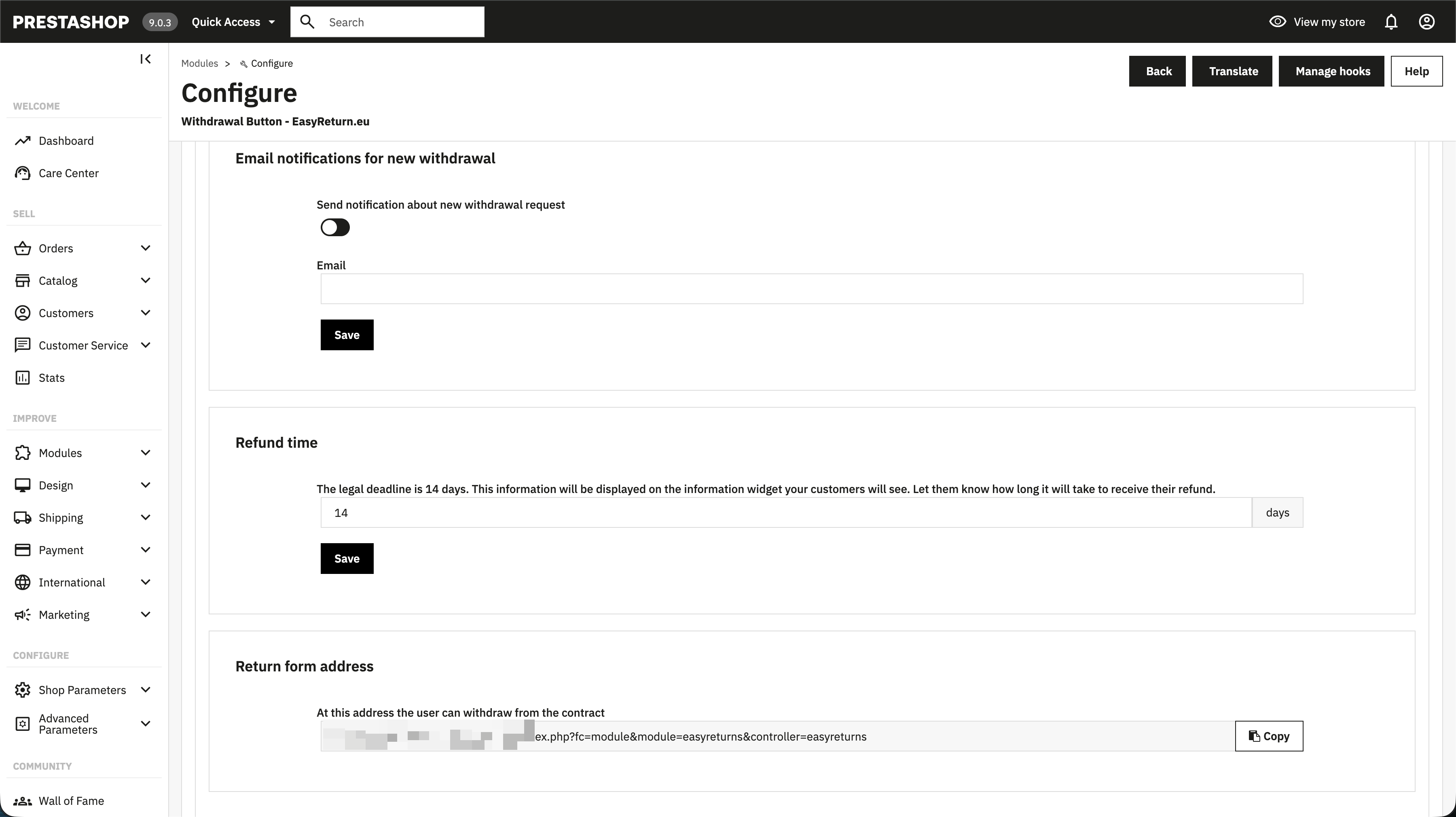 EasyReturn PrestaShop - Notifications, refund time and return form address