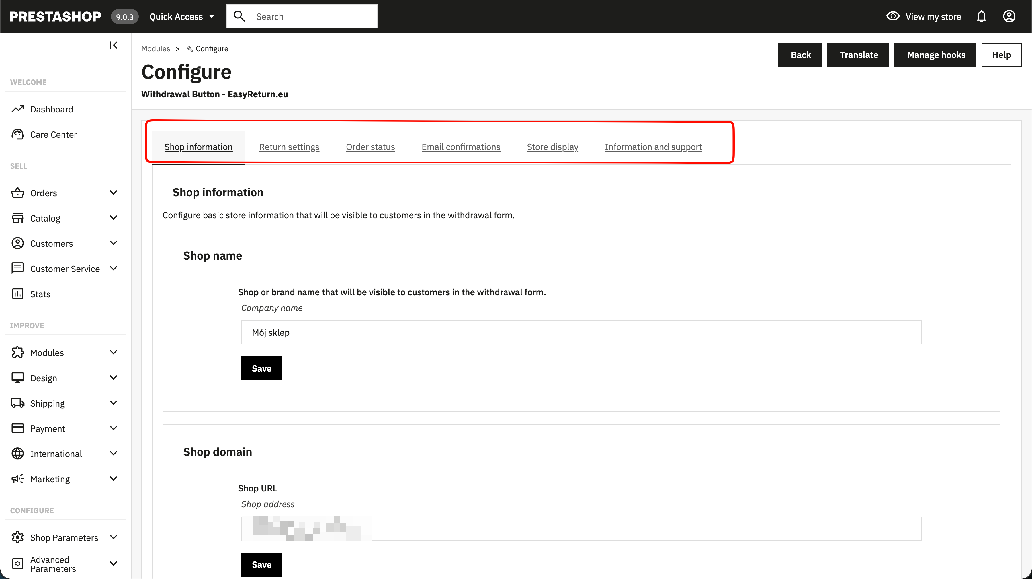 EasyReturn PrestaShop - Shop information tab