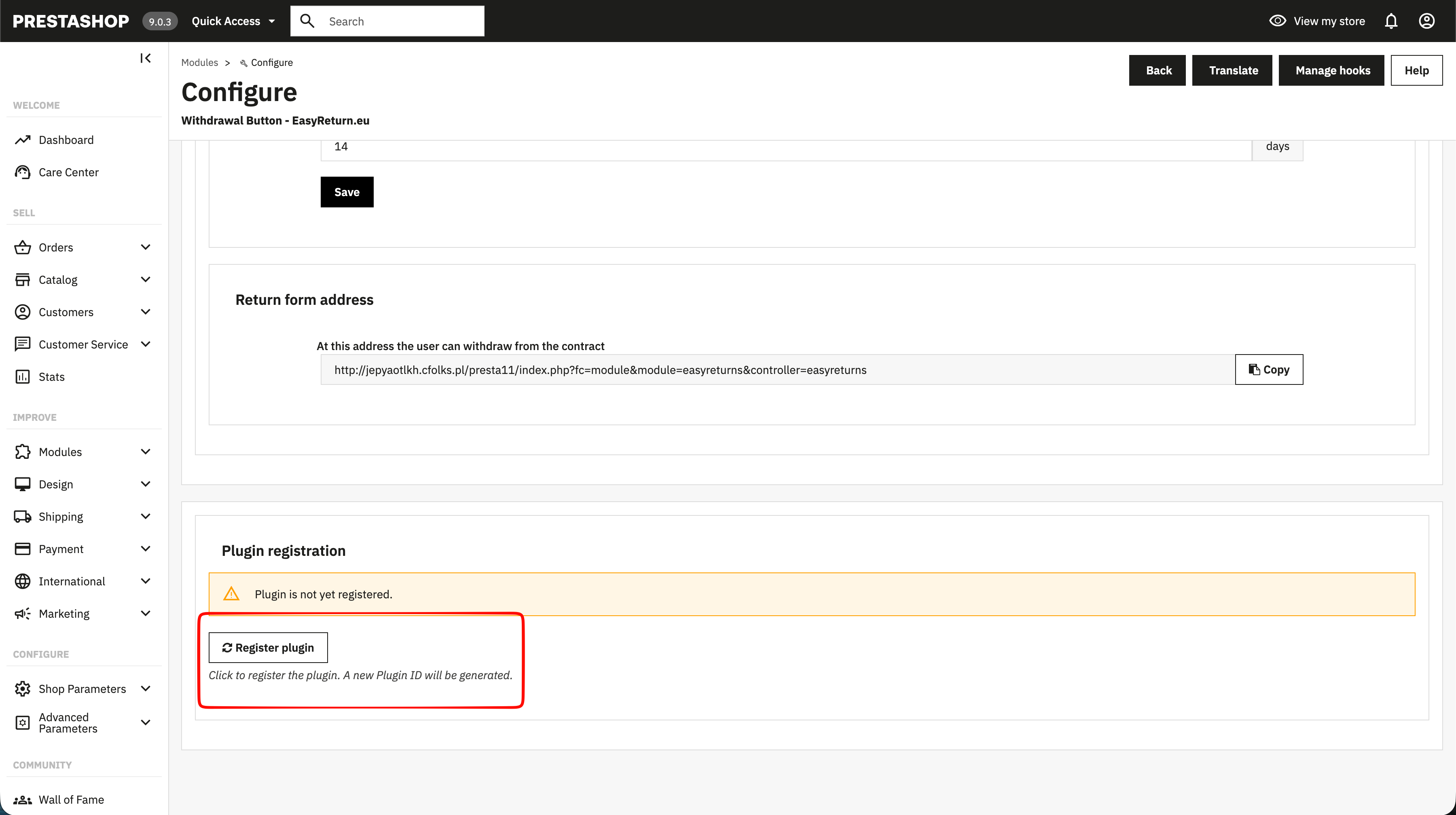 EasyReturn PrestaShop - Plugin registration