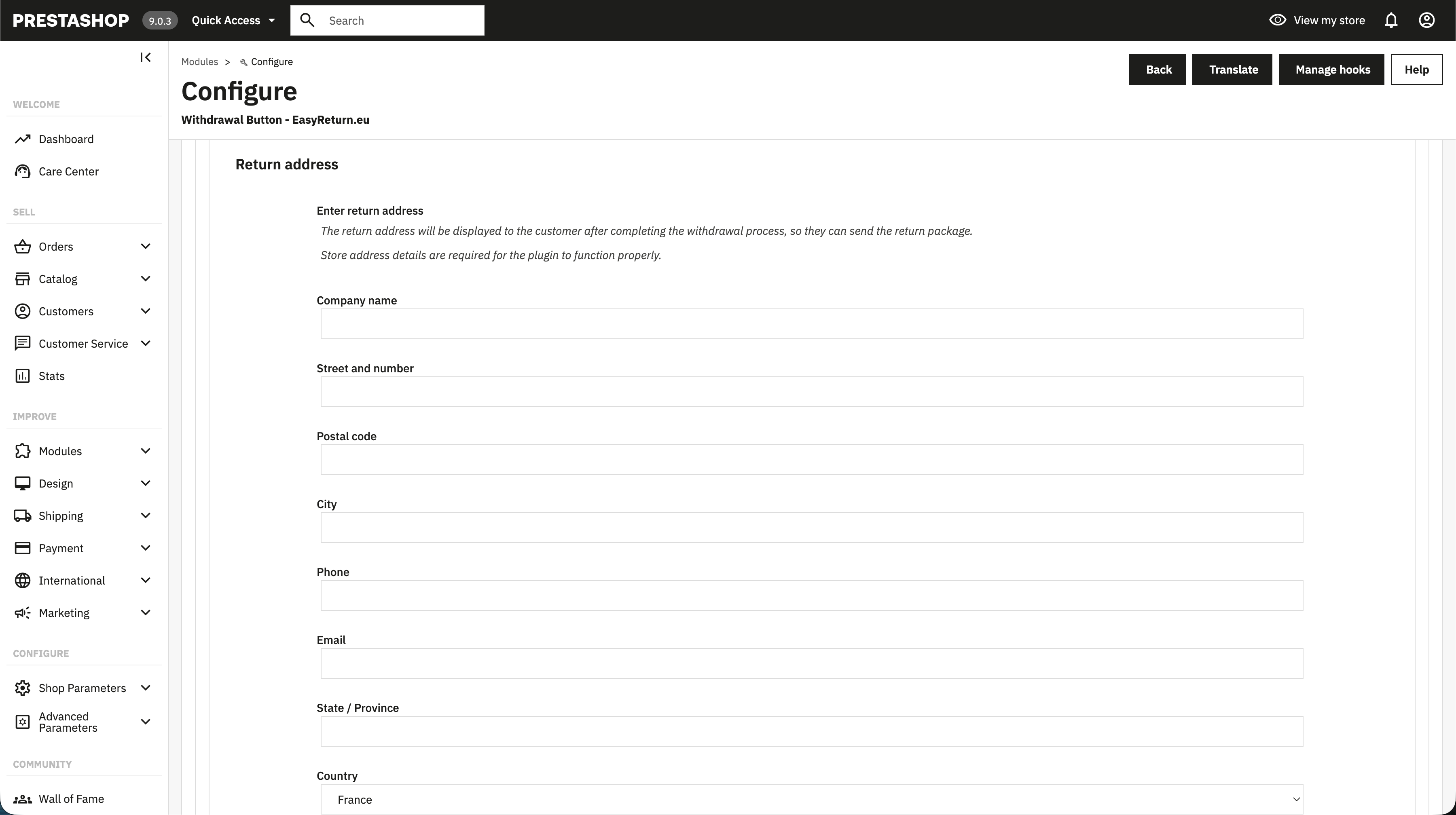 EasyReturn PrestaShop - Return address settings