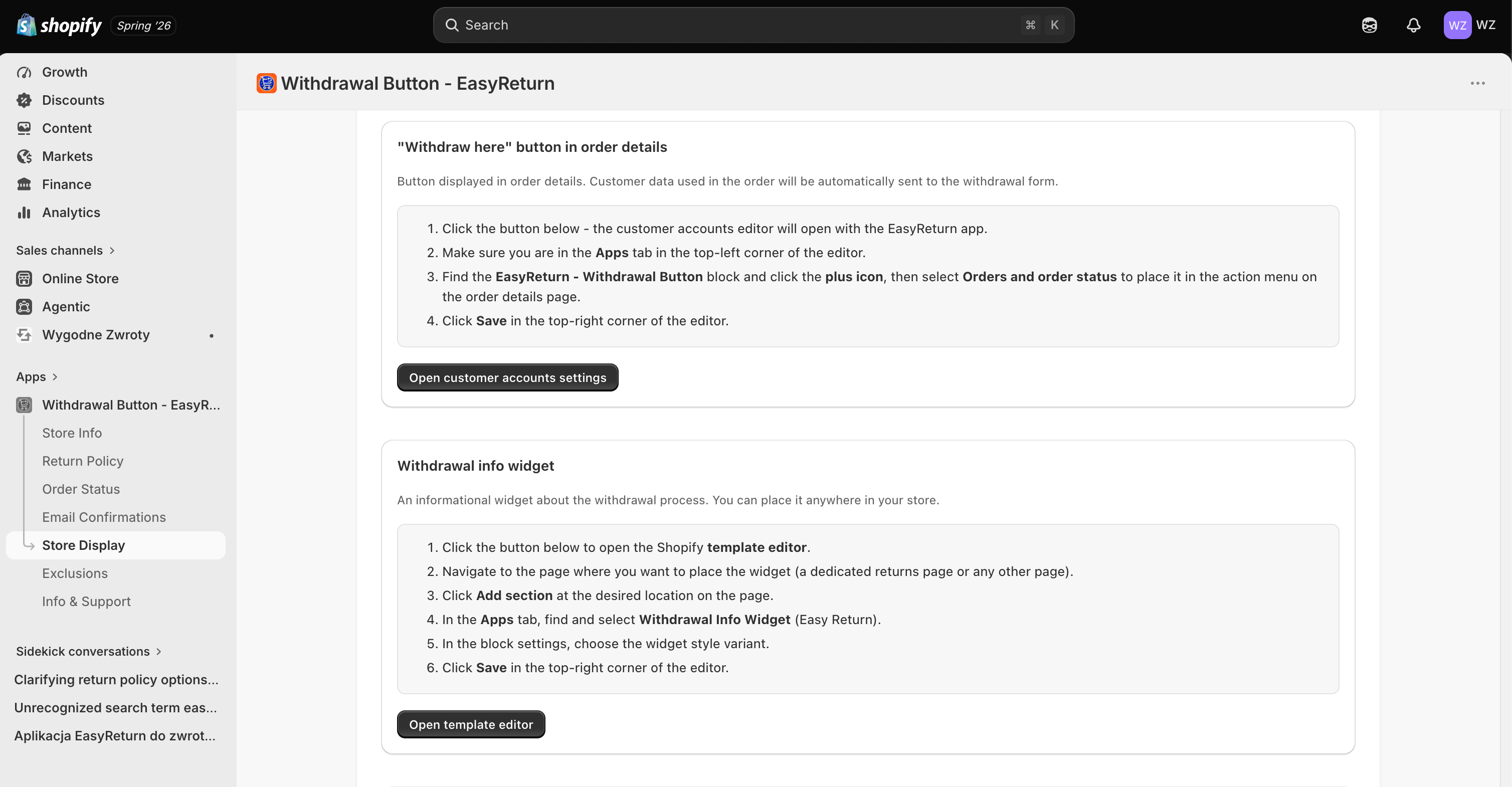 Withdrawal Button - EasyReturn - button in order details and withdrawal info widget