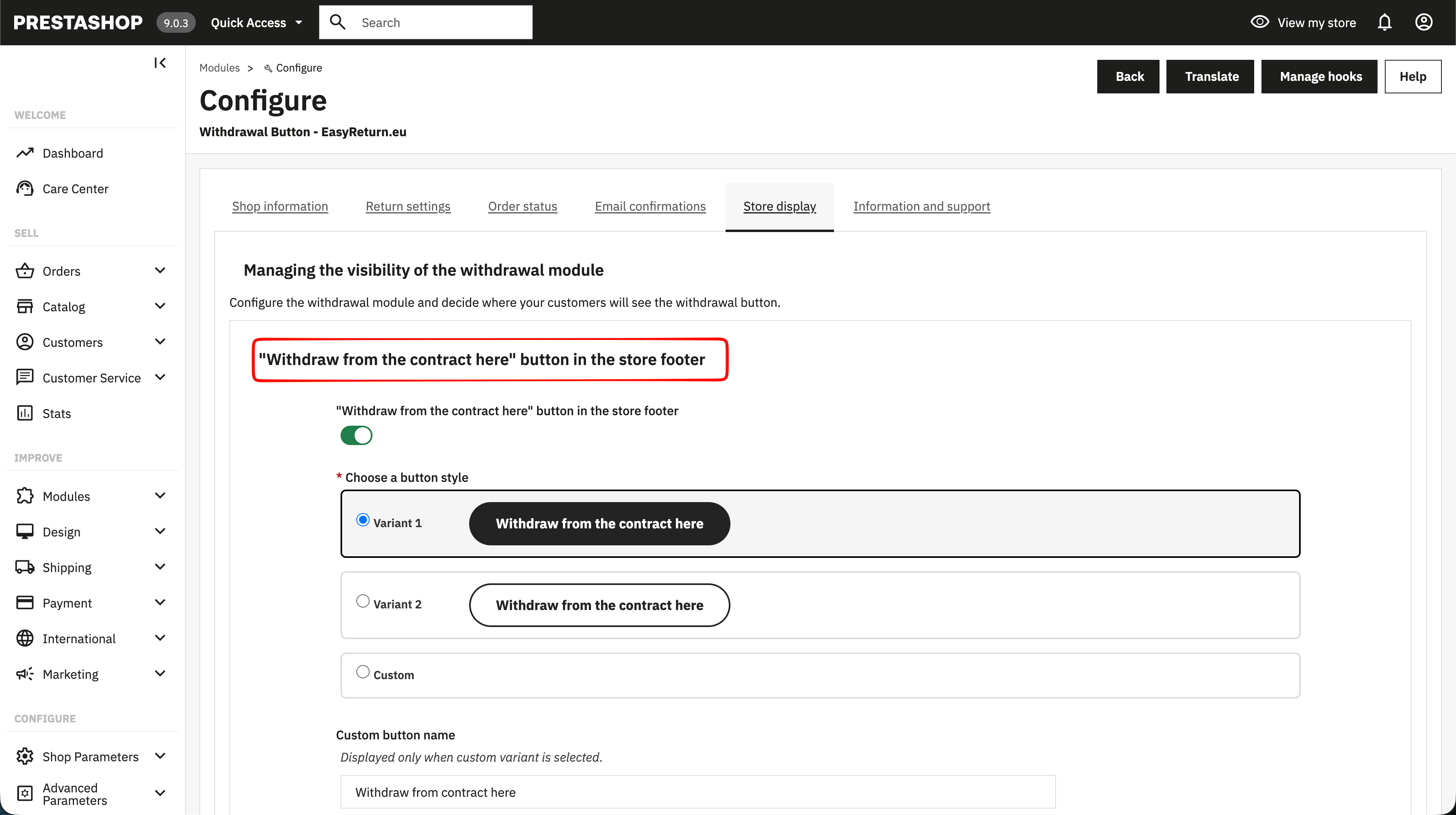 EasyReturn PrestaShop - Footer button settings