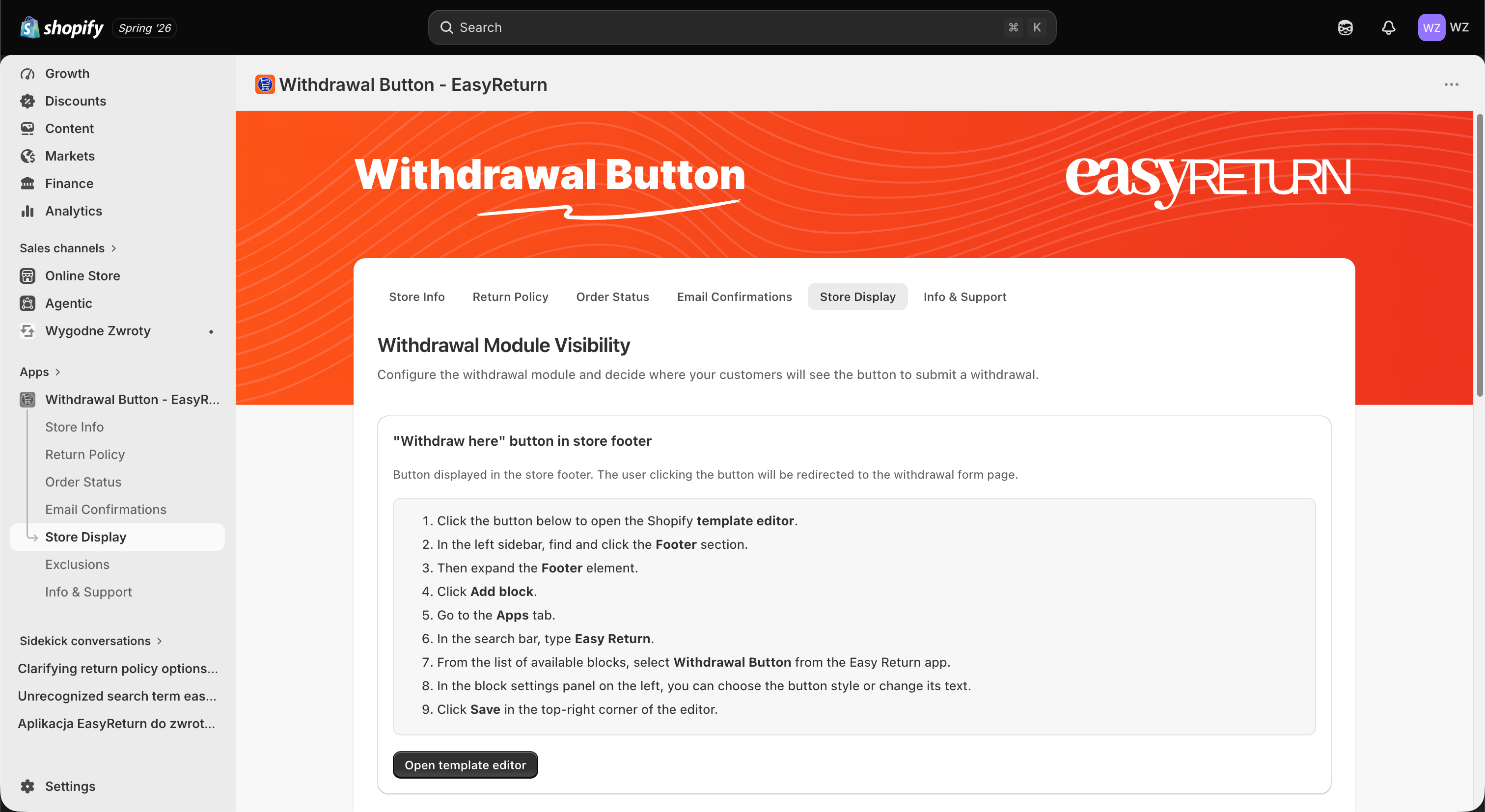 Withdrawal Button - EasyReturn - Store Display tab, withdrawal button in store footer