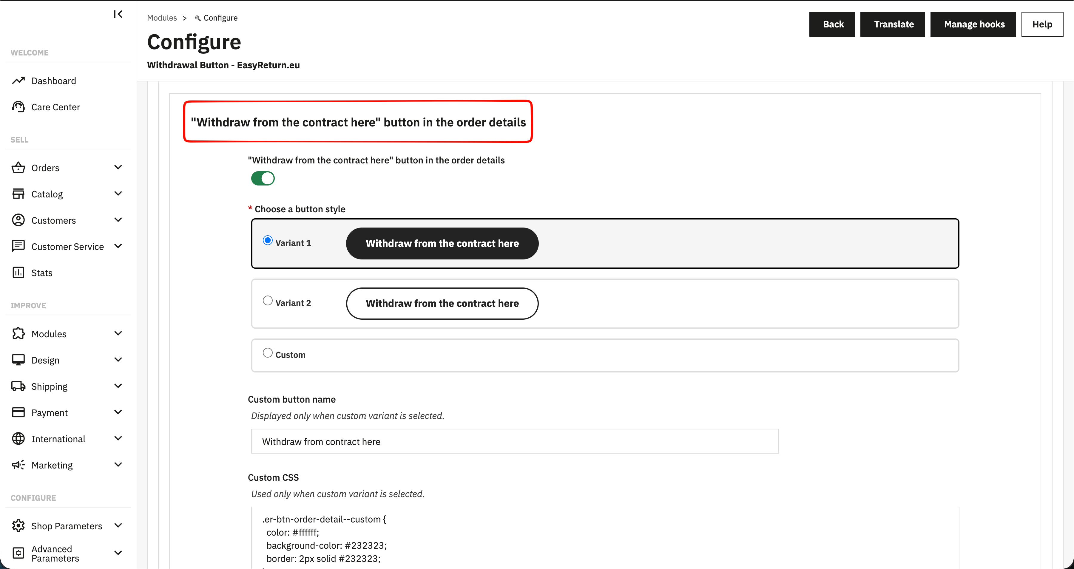 EasyReturn PrestaShop - Order details button settings