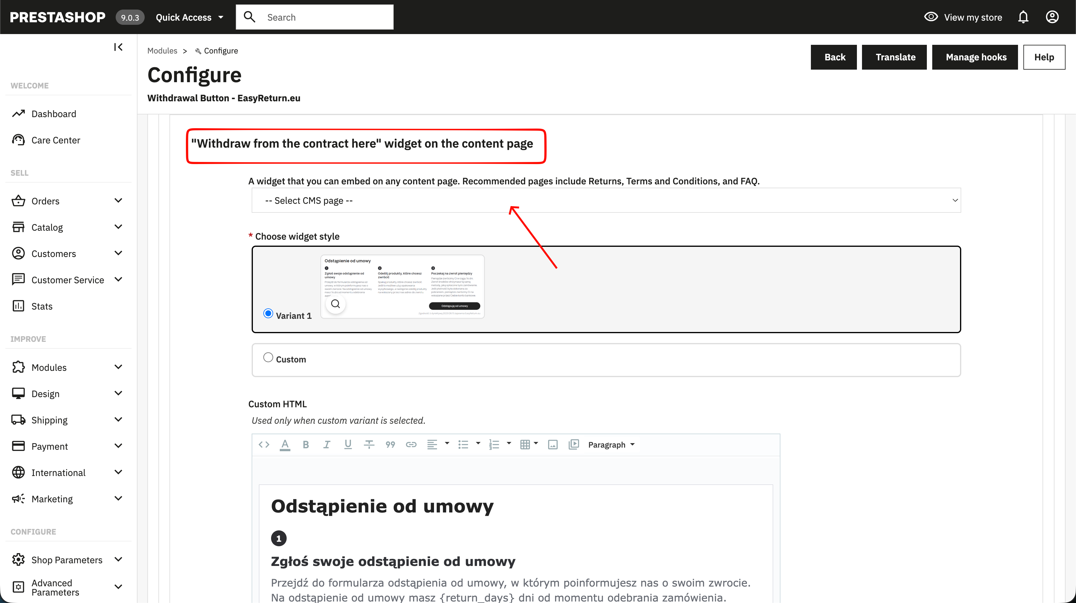 EasyReturn PrestaShop - Widget on content page