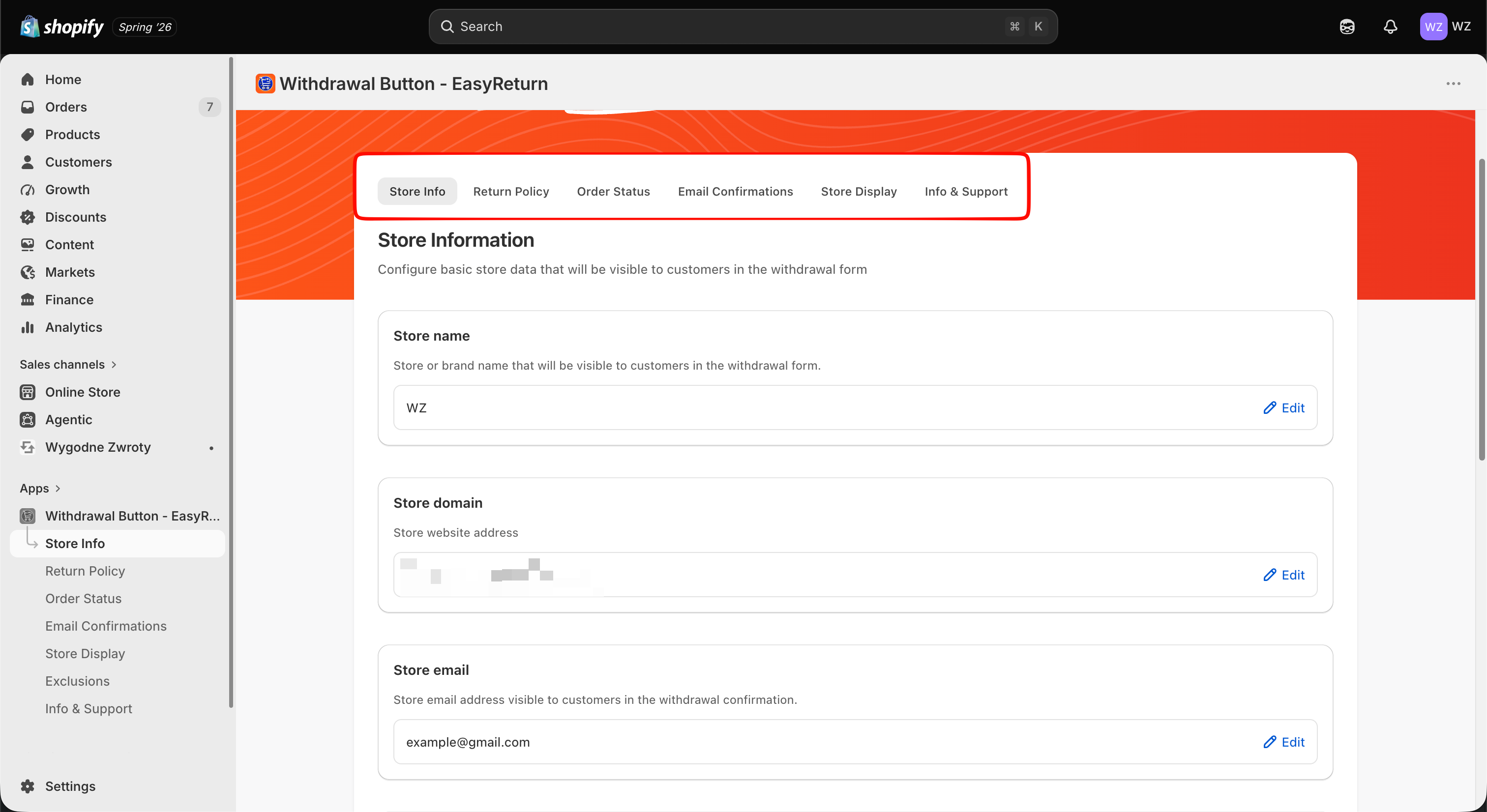 Withdrawal Button - EasyReturn - Store Info tab, Store Information