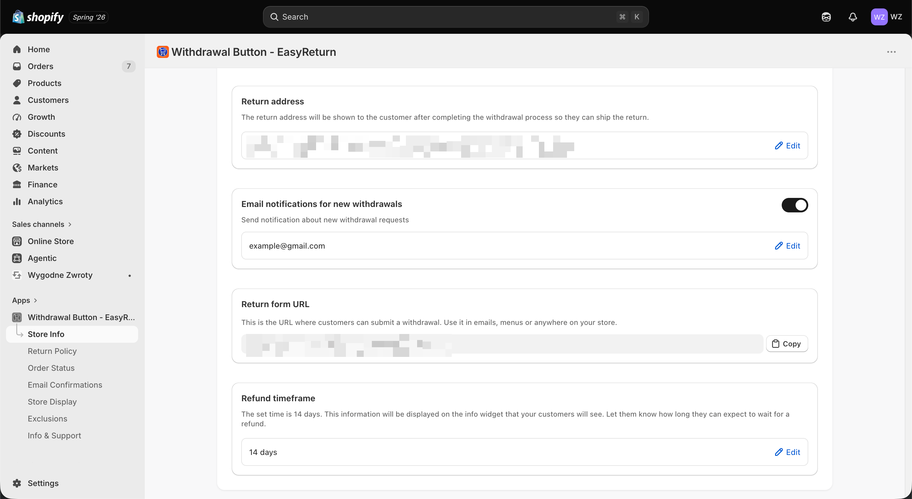 Withdrawal Button - EasyReturn - return address, notifications, return form URL and refund timeframe