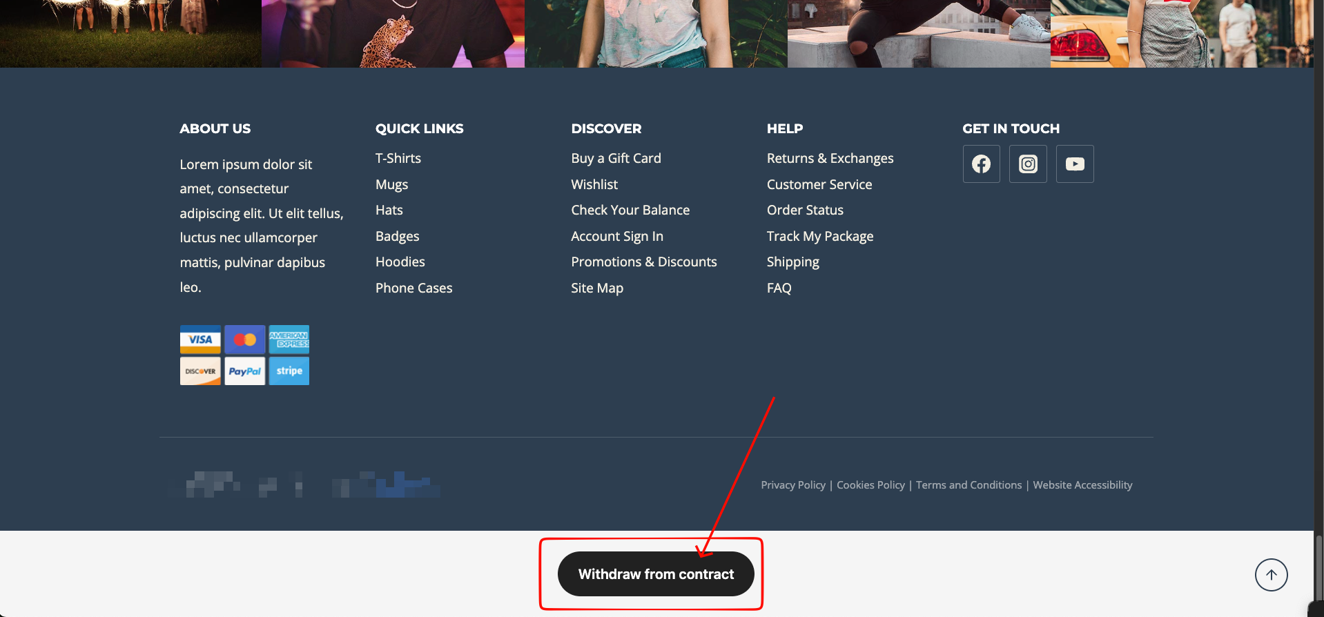 Withdraw from contract button in the store footer