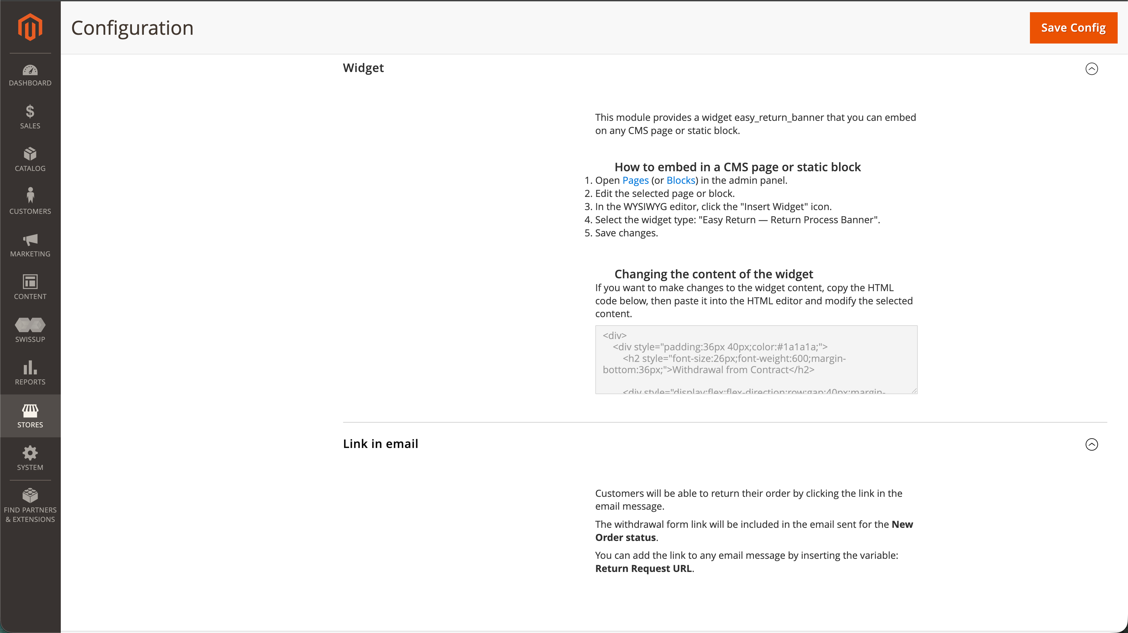 EasyReturn Magento - Widget and Link in email sections